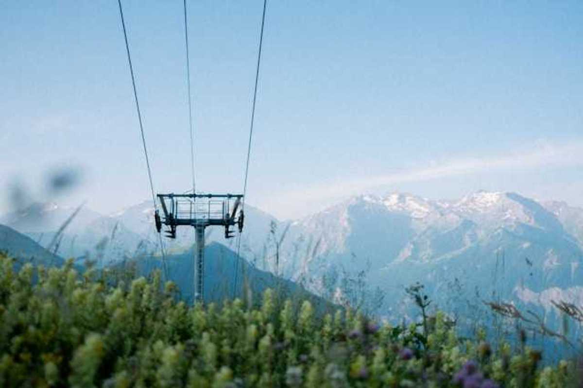 A ski run with green bushes growing under it and mountains the background