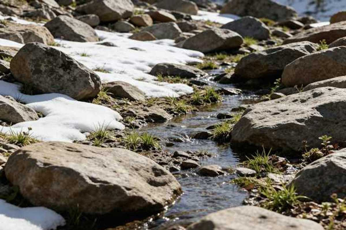A small stream flows through rocks and melting snow