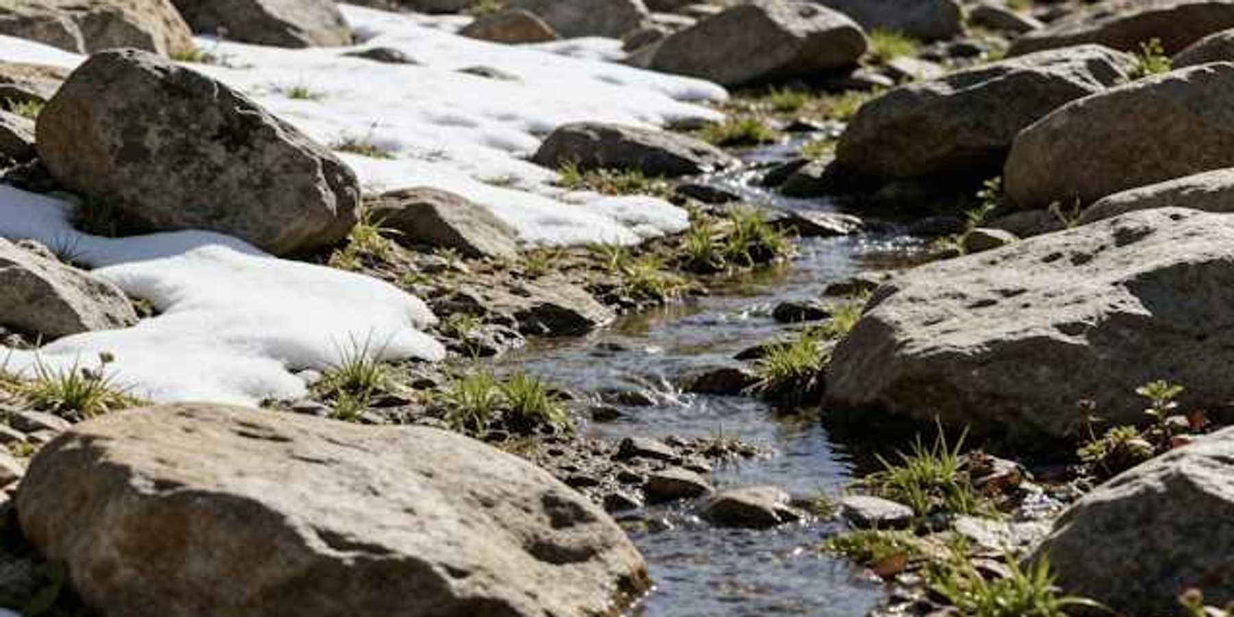 A small stream flows through rocks and melting snow
