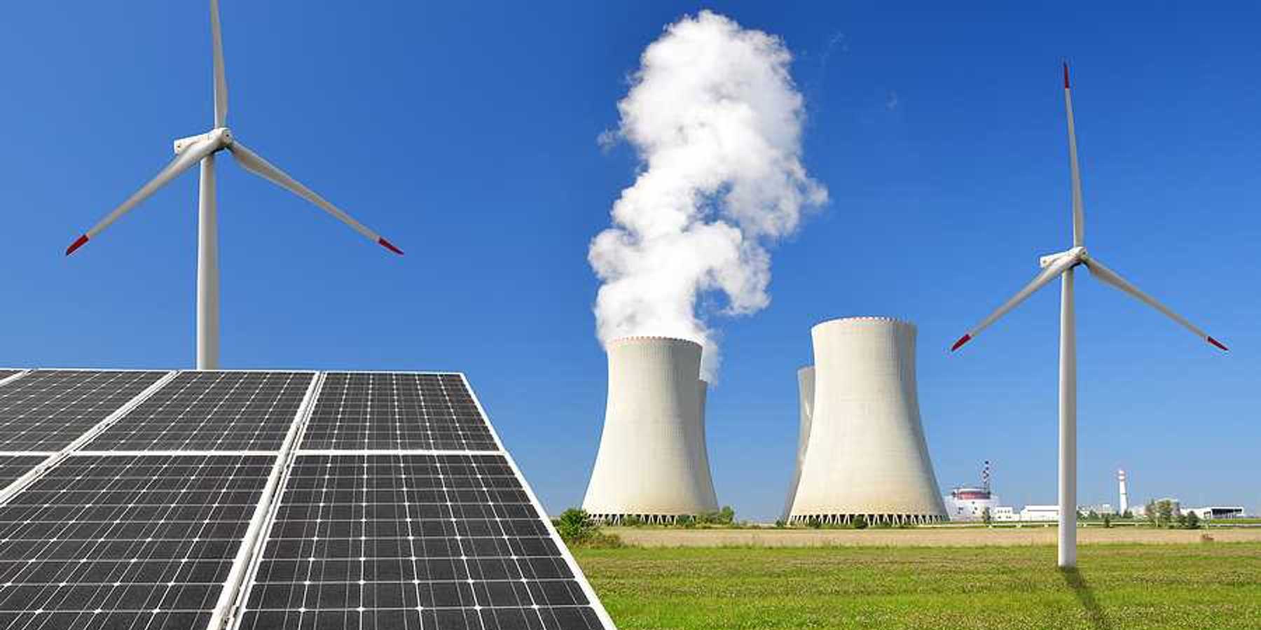 A solar panel with wind turbines and an energy plant in the background