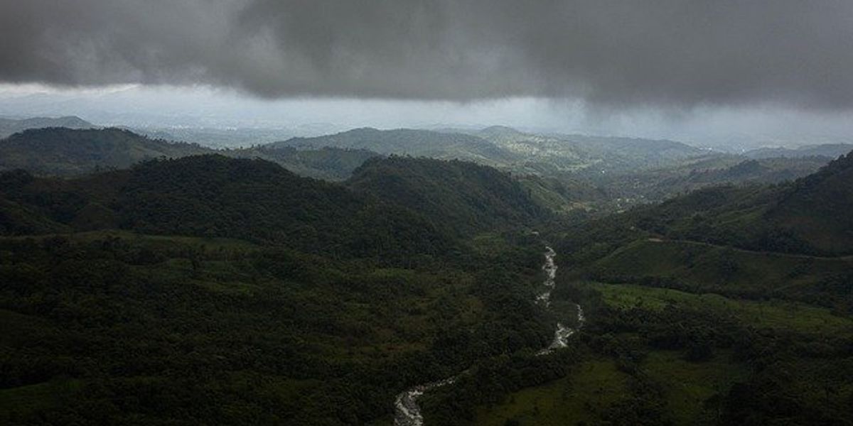 A stream running through green forested hills.