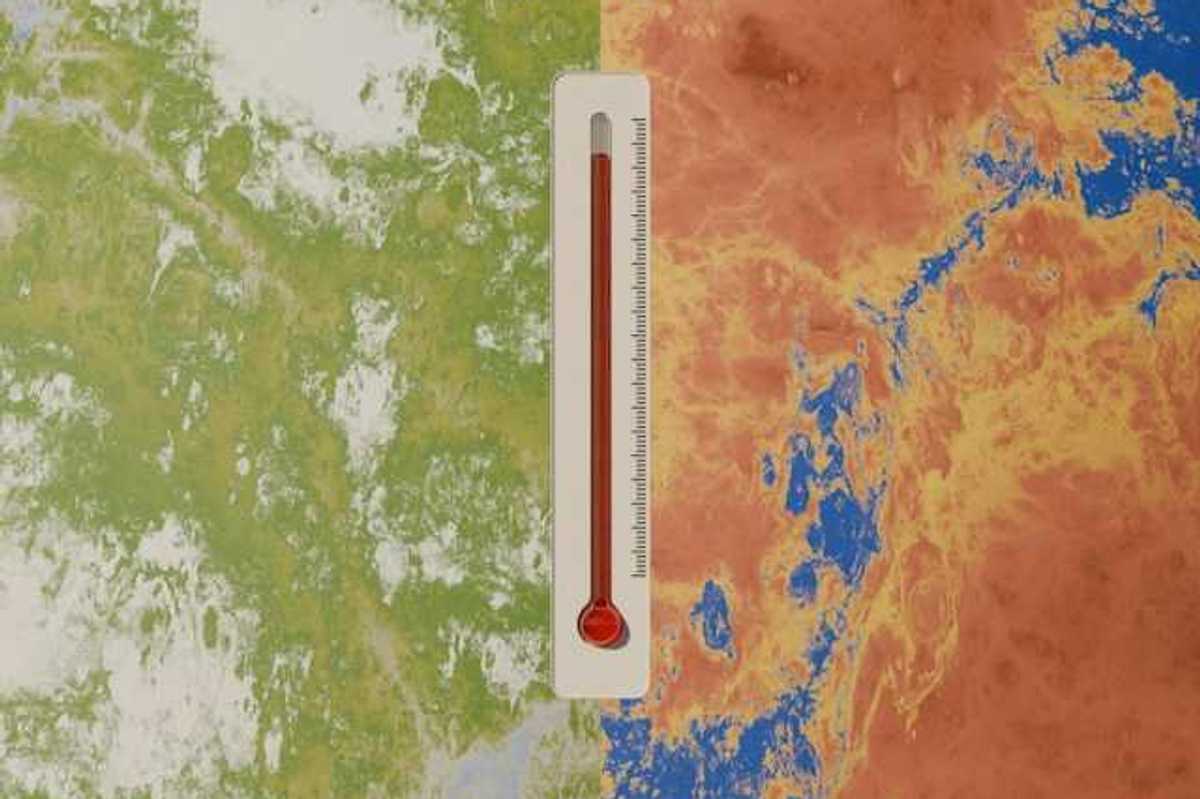 A thermometer in the middle of green and orange contrasting earth's surfaces