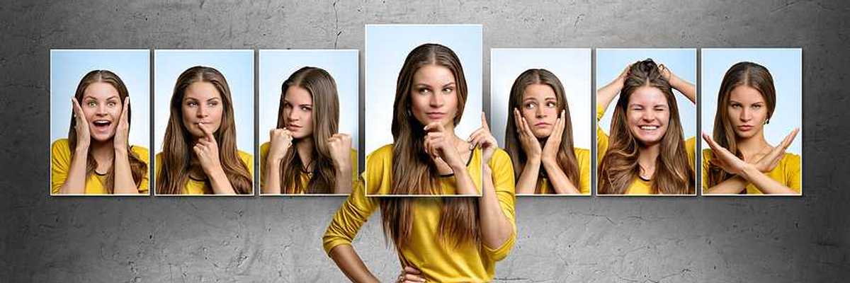 A various headshots of a woman in varying states of emotion