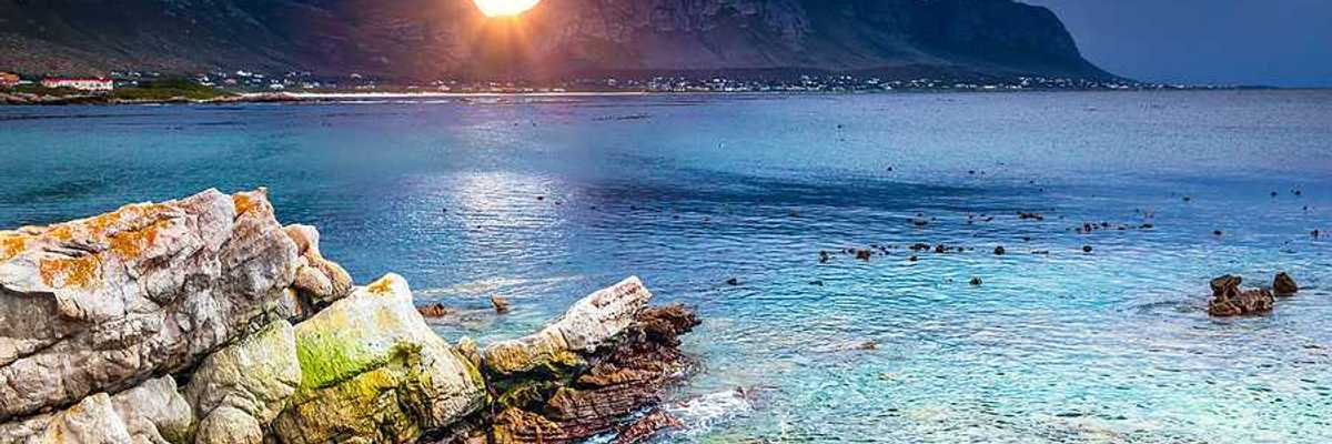 A view of a bay with rocky coastline and mountains in the background