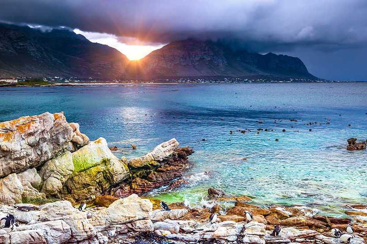 A view of a bay with rocky coastline and mountains in the background