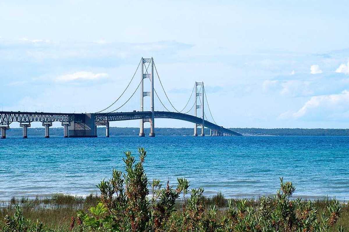 A view of a bridge stretching across a river