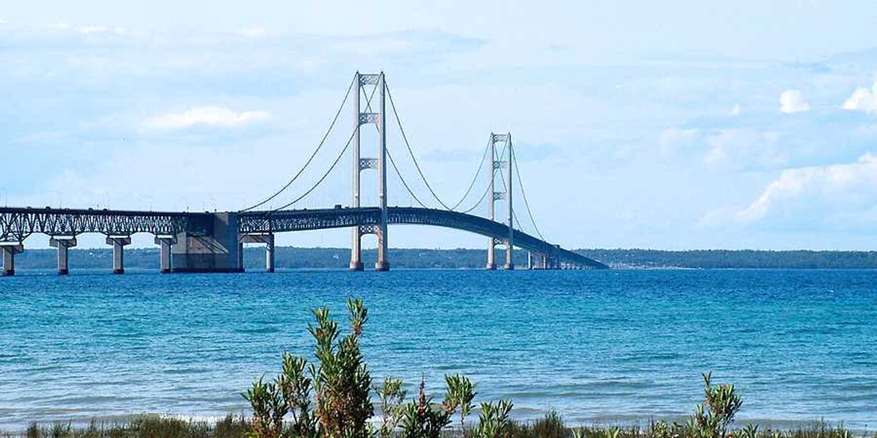 A view of a bridge stretching across a river