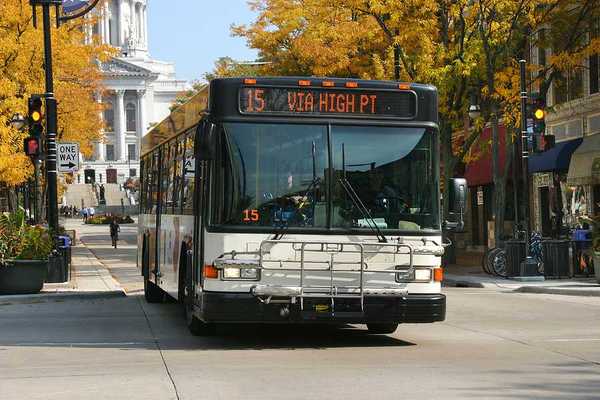 A view of a bus driving down a Madison, WI street with the capitol building in the background