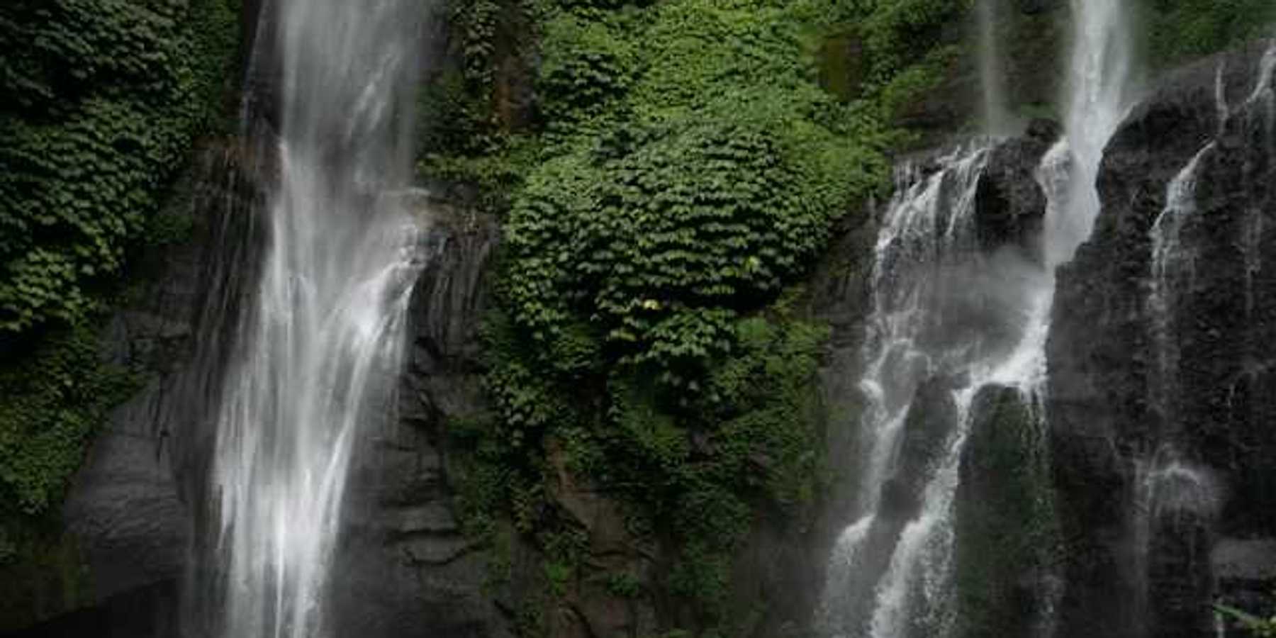 A view of a double waterfall in a green location