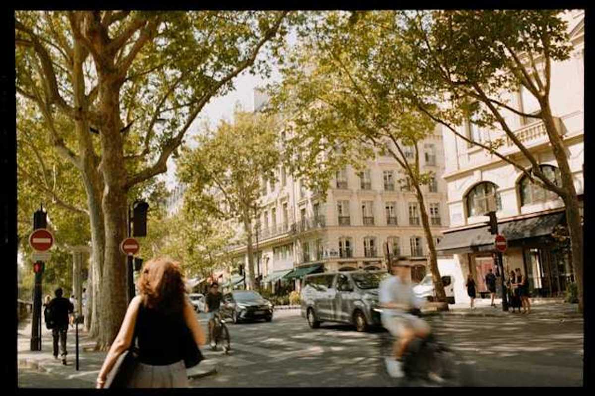 A view of a European street with trees, buildings and people walking and on bikes
