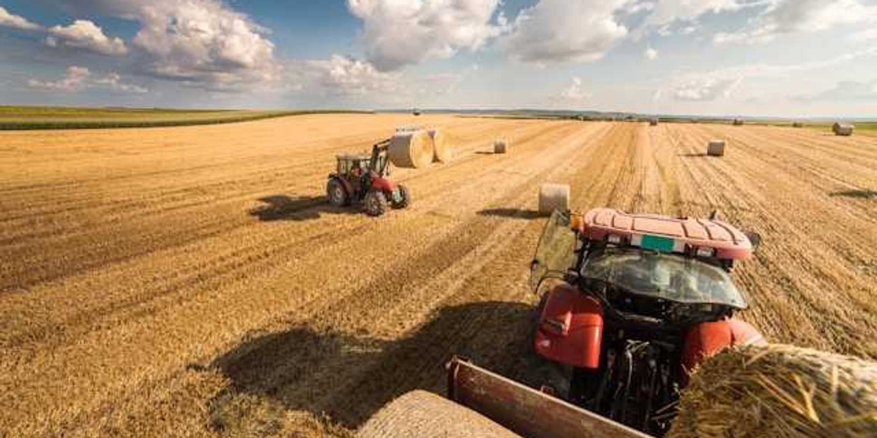 A view of a farm field being harvested by two farm tractors
