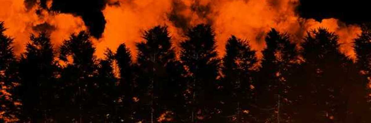 A view of a forested ridge with a wildfire burning in the background