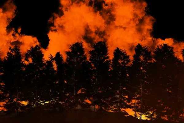 A view of a forested ridge with a wildfire burning in the background