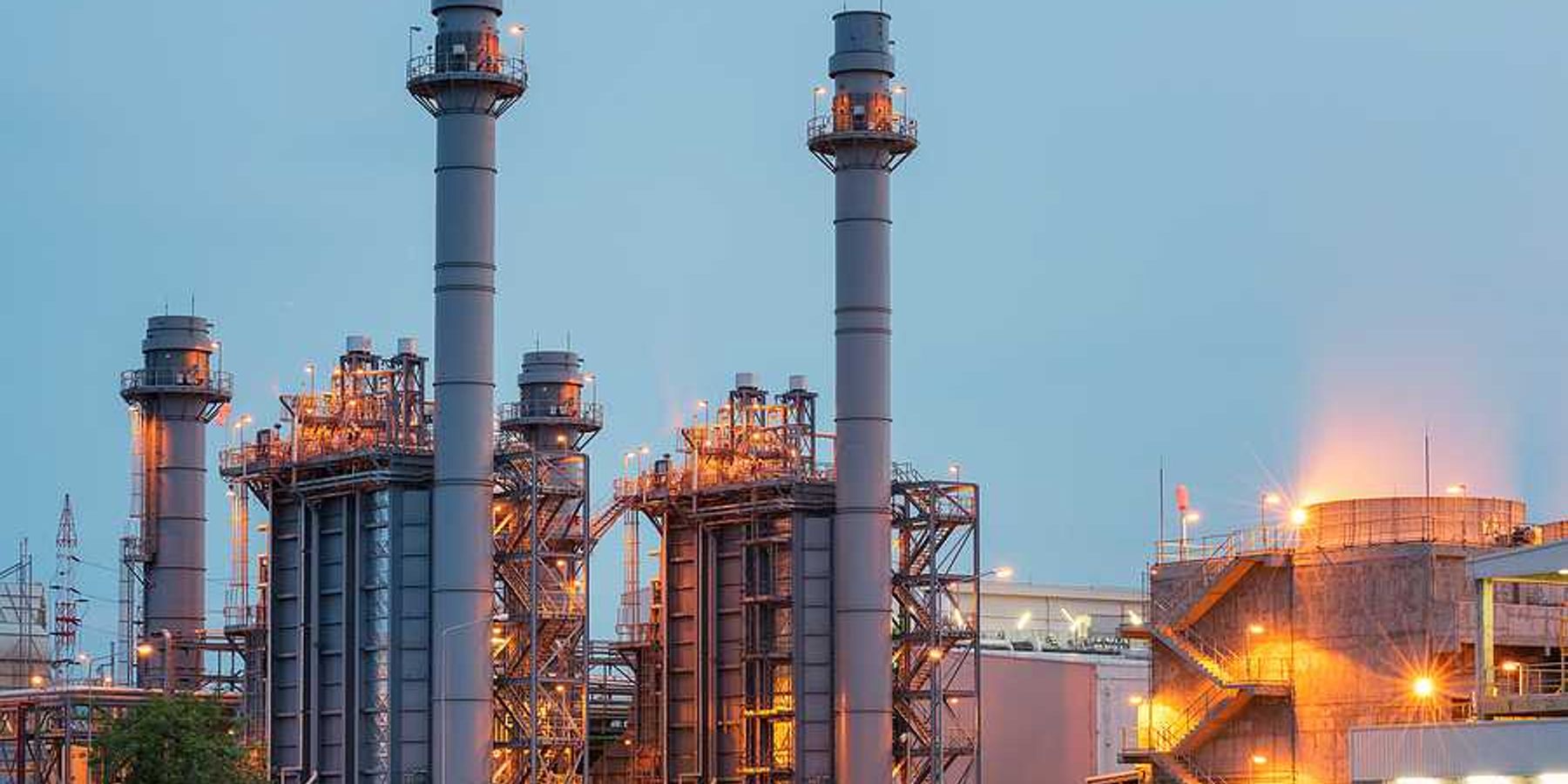 A view of a gas-fired power station at dusk