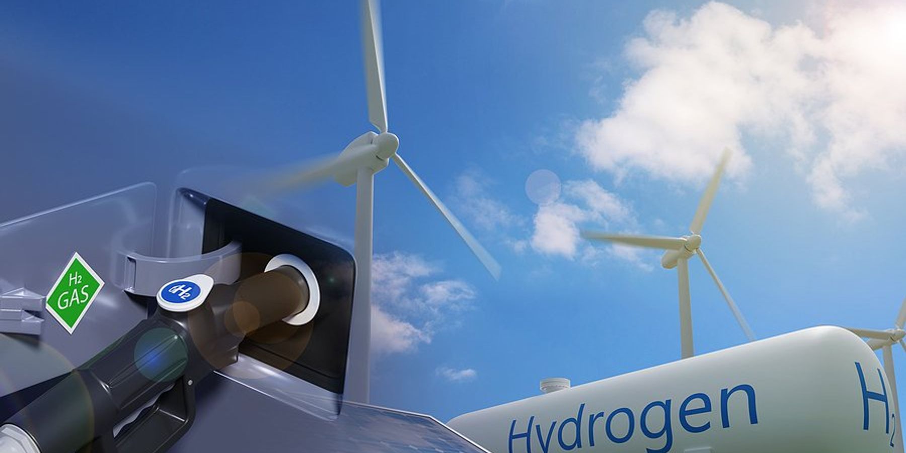 a view of a hydrogen car being charged with wind turbines and a solar panel in the background