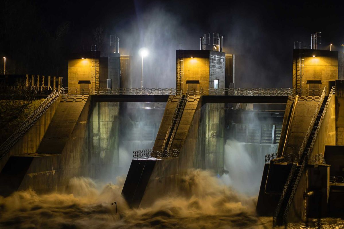 A view of a hydropower plant during a storm