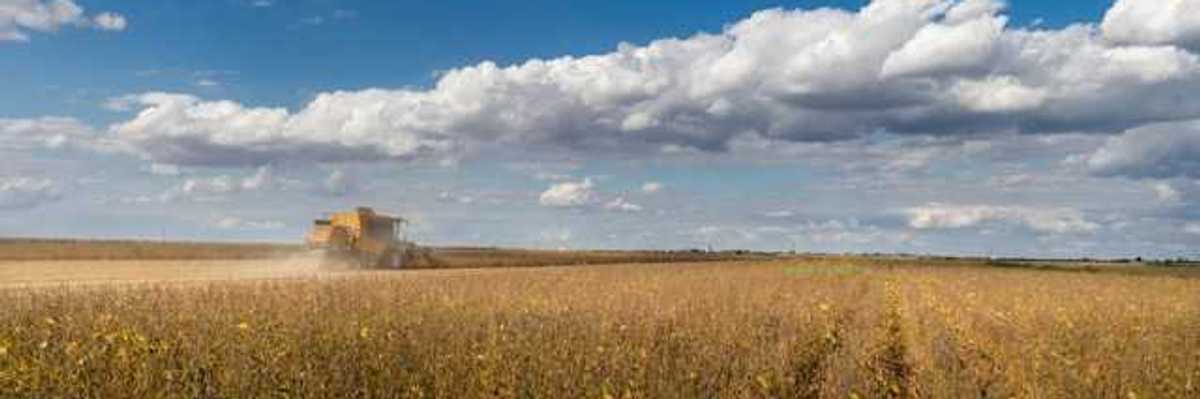 A view of a prairie farm field with a tractor in the distance