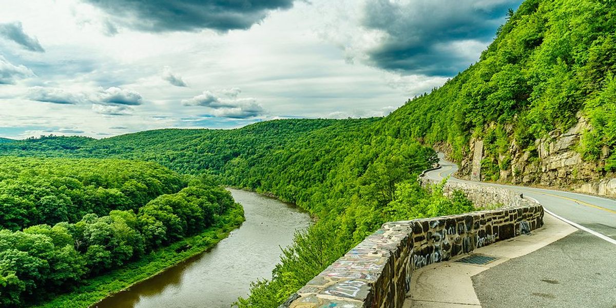 A view of a river winding through a green environment.