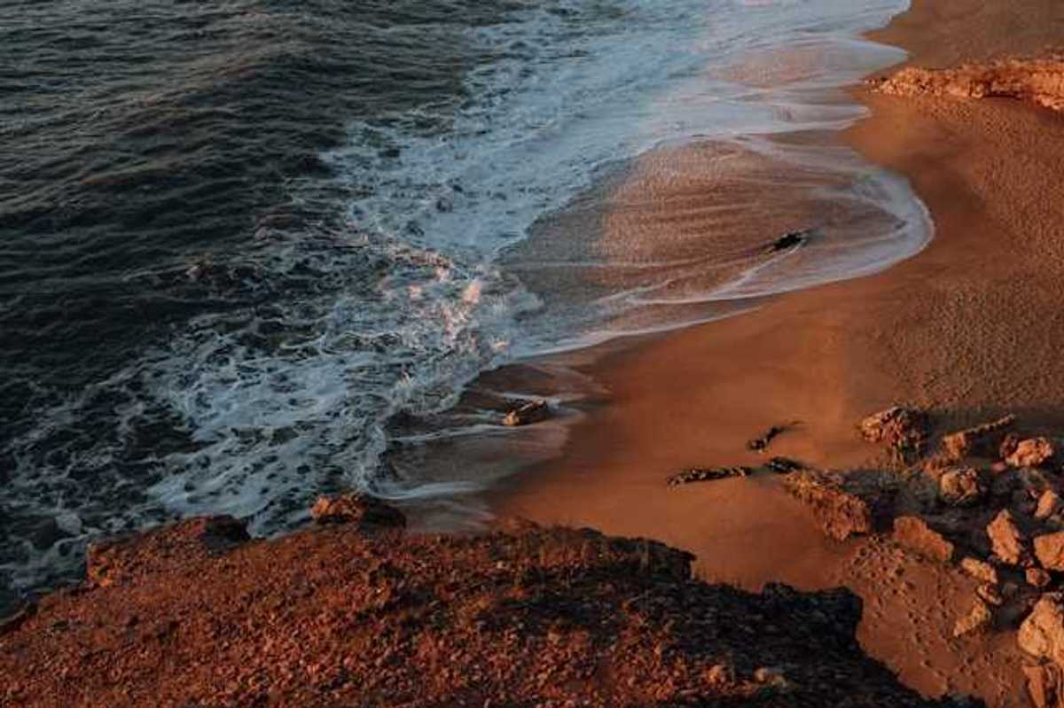 A view of a rocky beach from above with waves crashing on the shore