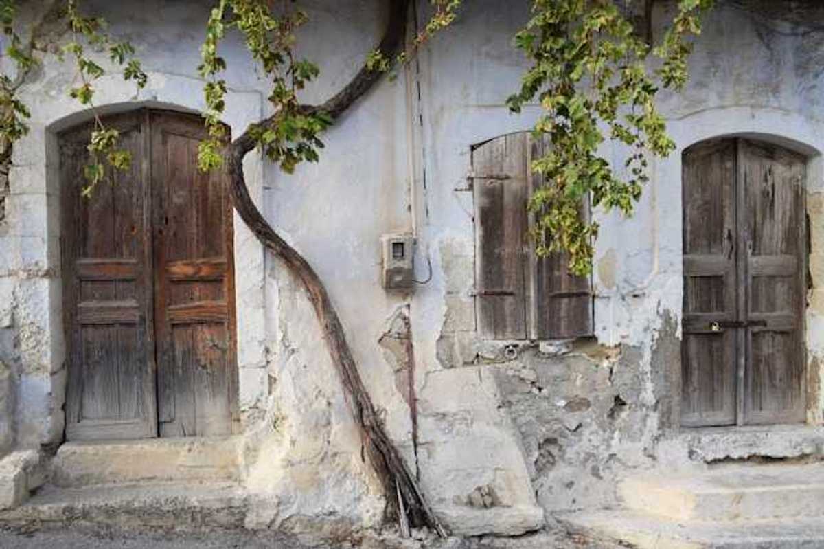 A view of a street with houses with cracked facades