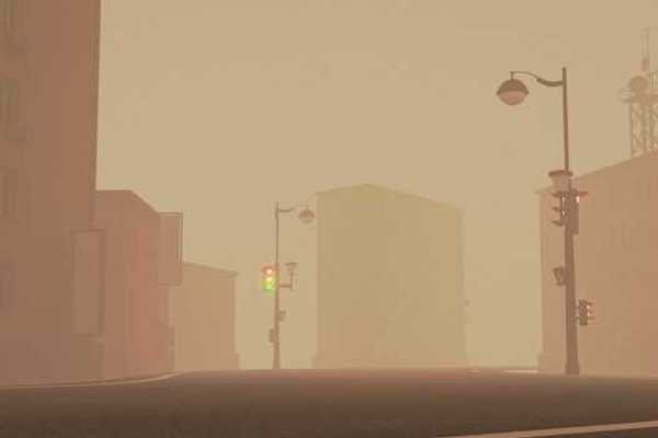 A view of a street with streetlamps with fog or smoke in the atmosphere