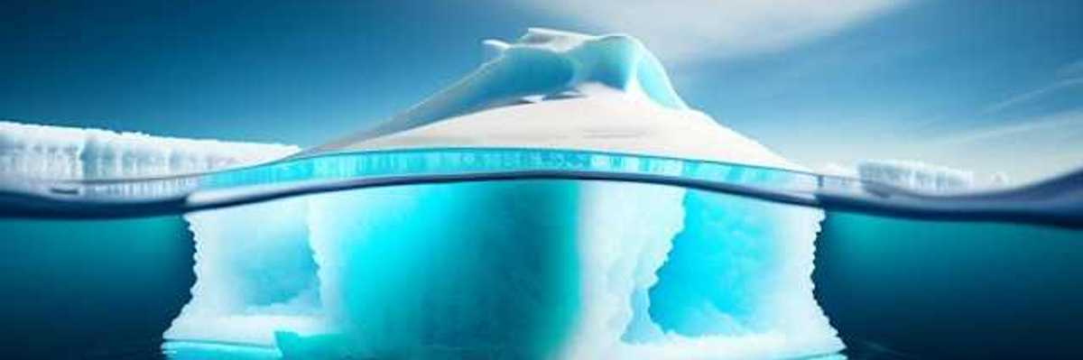 A view of an iceberg both above and below the water line