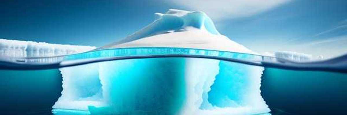 A view of an iceberg from the side, showing the ice above and below the water line