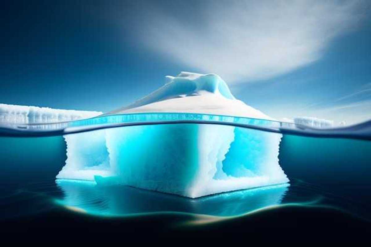 A view of an iceberg from the side, showing the ice above and below the water line