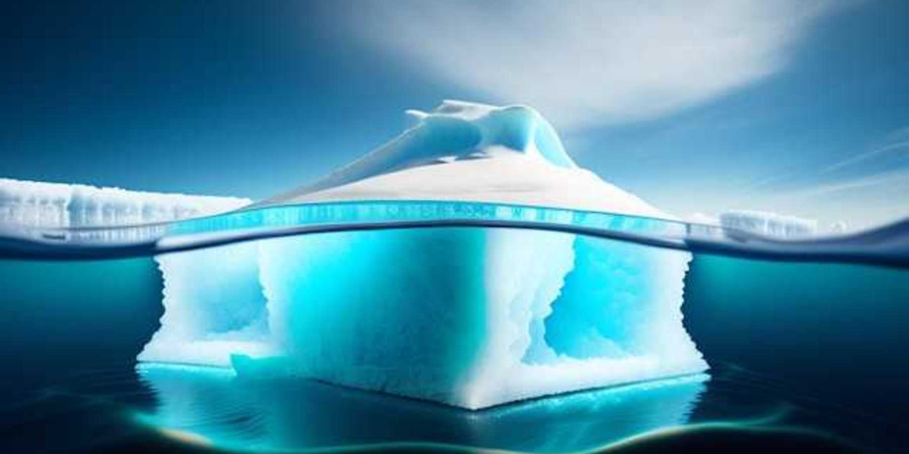 A view of an iceberg from the side, showing the ice above and below the water line