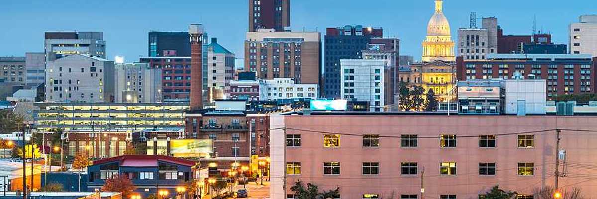 A view of downtown Lansing Michigan at dusk