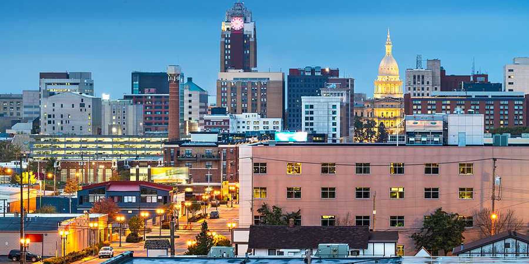 A view of downtown Lansing Michigan at dusk