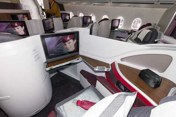 A view of first class seats on Qatar Airways