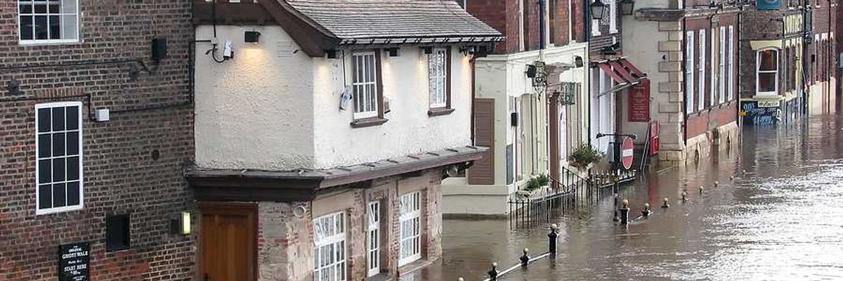 A view of flooded buildings in a european or UK town