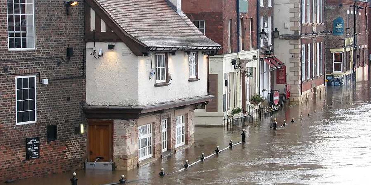 A view of flooded buildings in a european or UK town