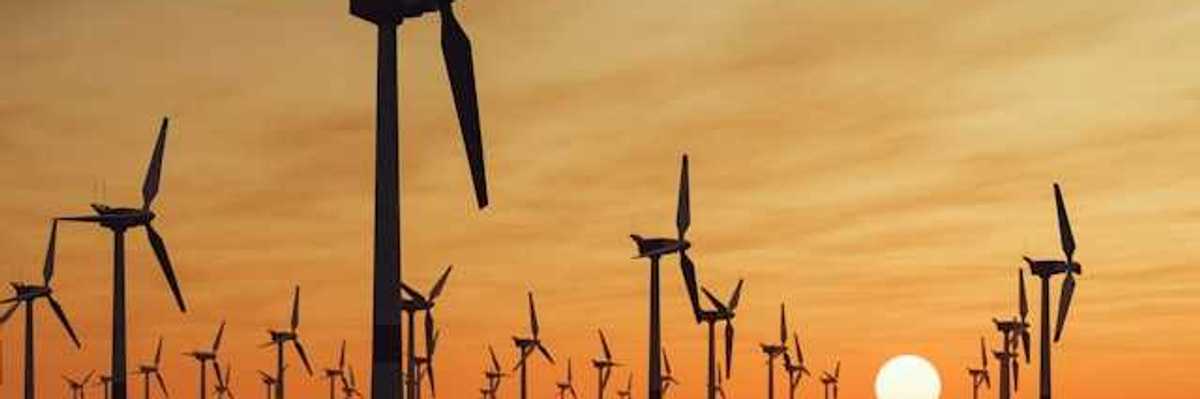 A view of many offshore wind turbines with the setting sun in the distance