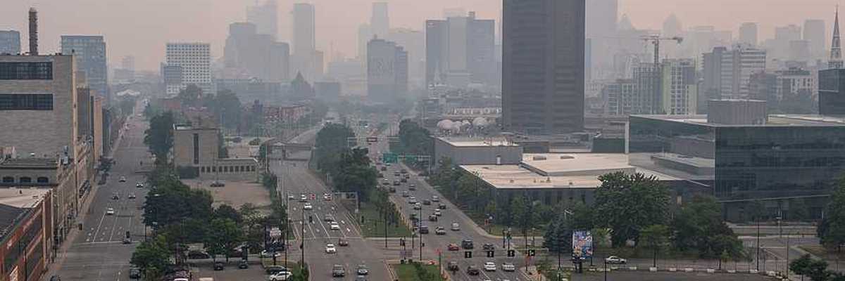 A view of Montreal, Canada with wildfire smoke blanketing the city