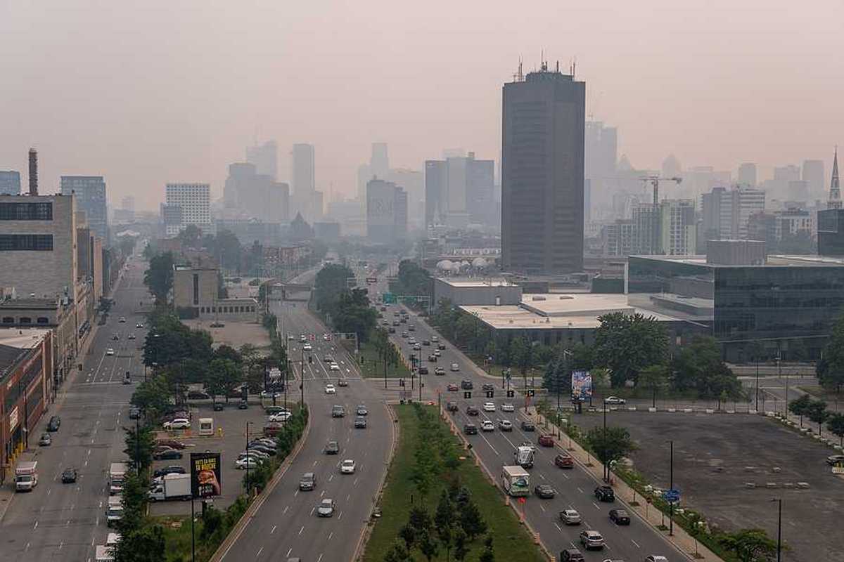 A view of Montreal, Canada with wildfire smoke blanketing the city