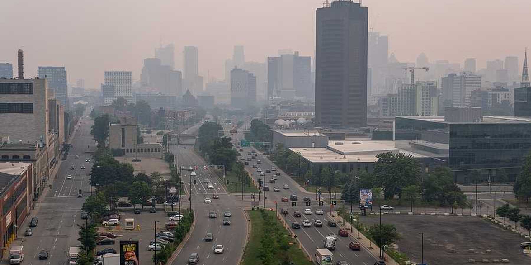 A view of Montreal, Canada with wildfire smoke blanketing the city