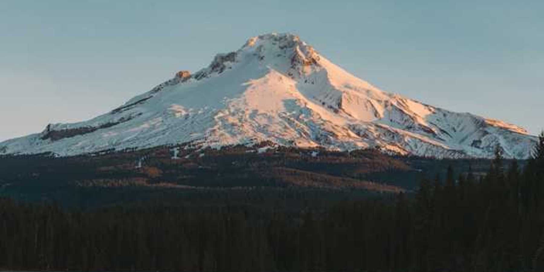 A view of Mount Hood covered in snow in Oregon