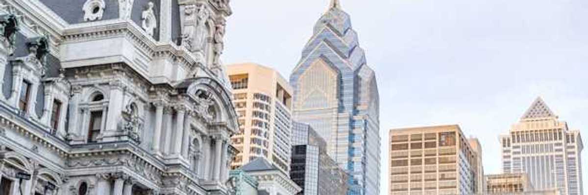 A view of part of the Philadelphia skyline with the city hall building up front