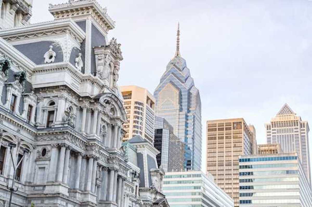 A view of part of the Philadelphia skyline with the city hall building up front