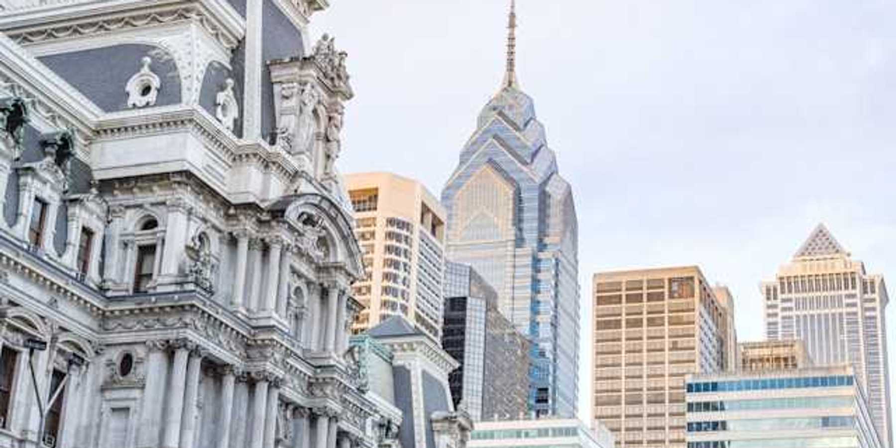 A view of part of the Philadelphia skyline with the city hall building up front