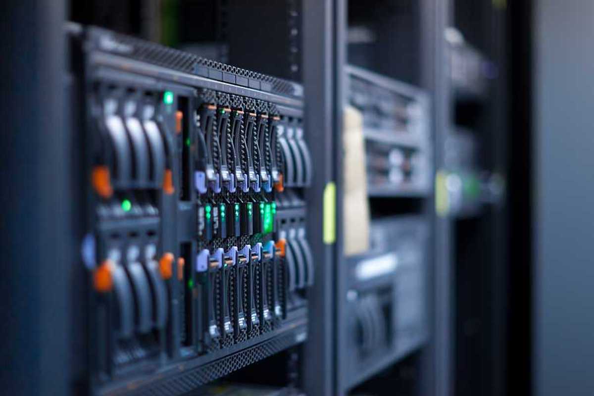 A view of servers with multicolored buttons