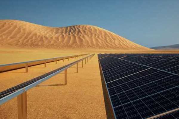 A view of solar panels in a desert setting