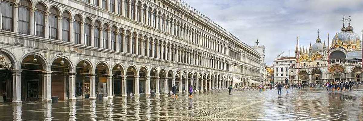 A view of St. Marks Square in Venice with floodwaters covering it