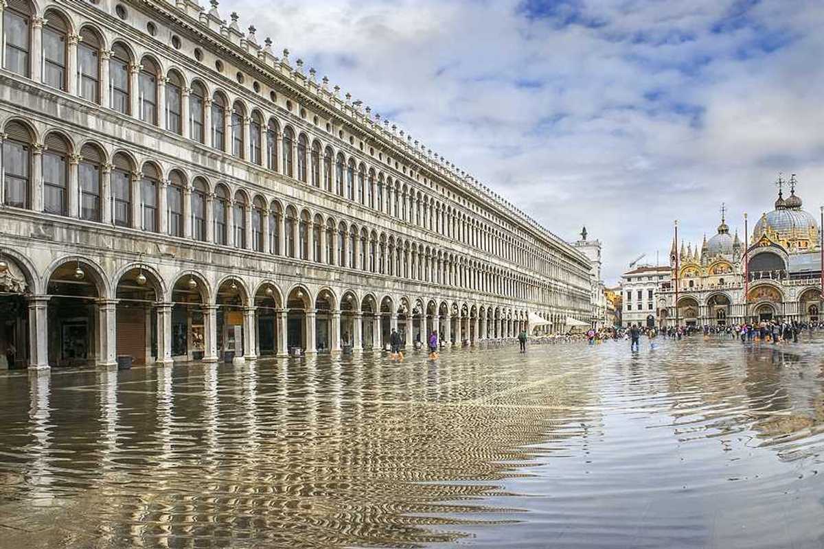 A view of St. Marks Square in Venice with floodwaters covering it