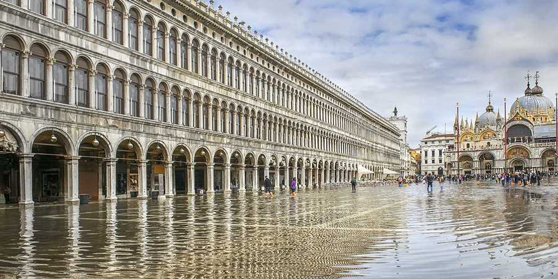 A view of St. Marks Square in Venice with floodwaters covering it