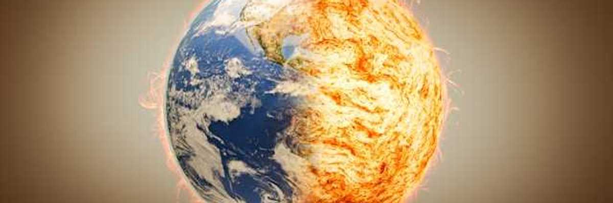 A view of the Earth with one side on fire