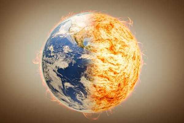 A view of the Earth with one side on fire