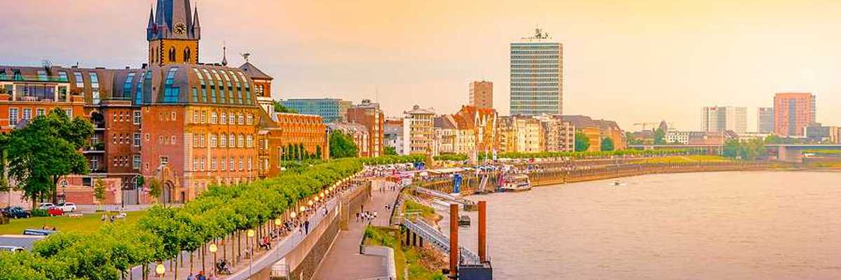 A view of the German city of Dusseldorf with the Rhine River flowing alongside it
